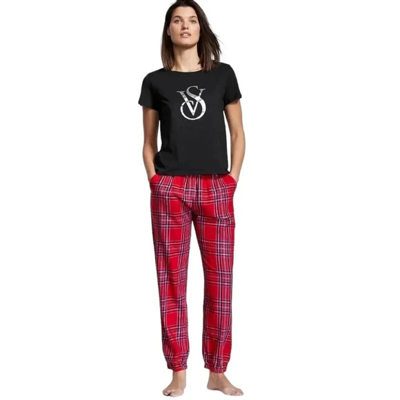 Victorias Secret Pajama Jogger Sleep Pants Red Plaid Flannel Stretch Waist - Picture 2 of 8